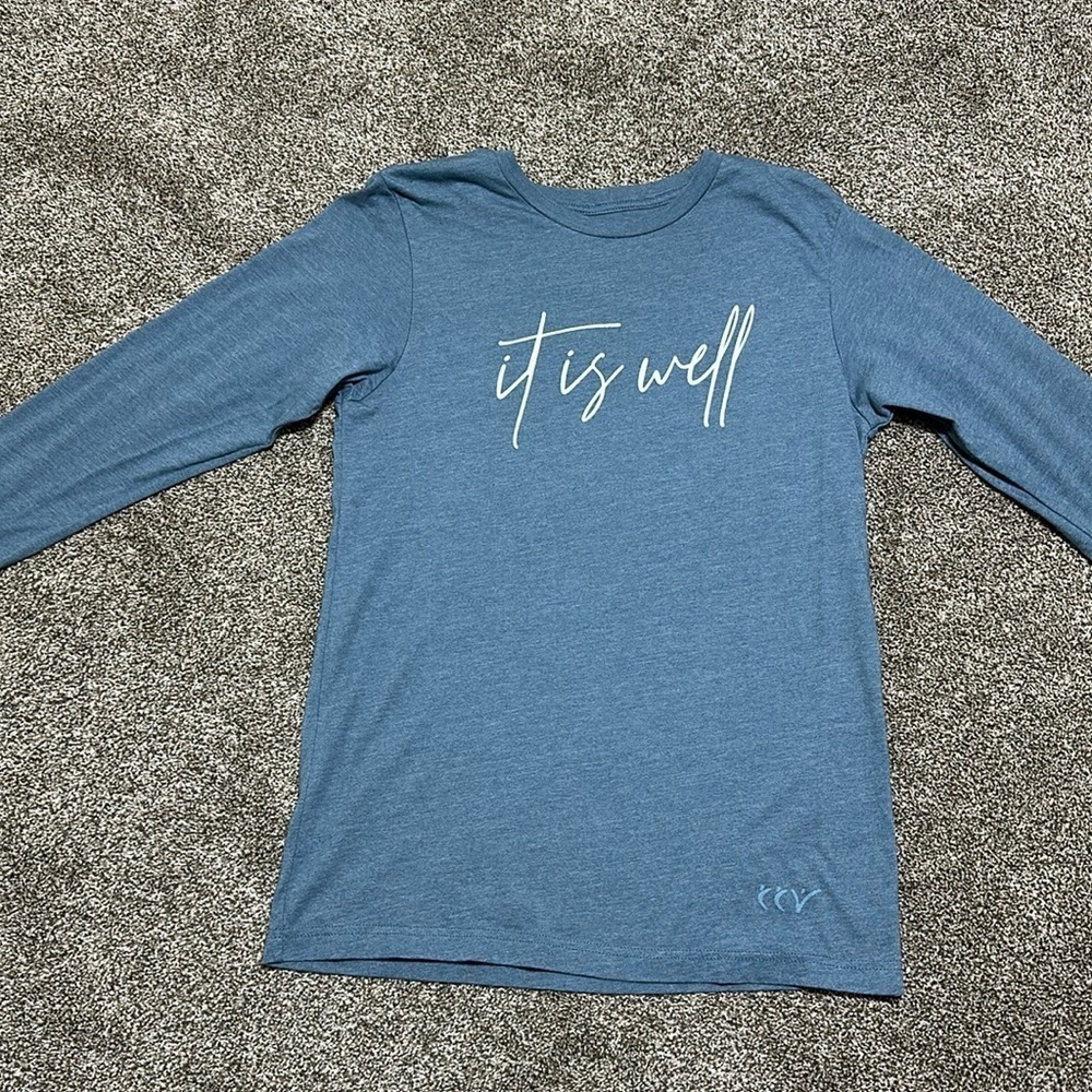 NHim It Is Well women’s long sleeve t-shirt. Blue. Bible. Christian. Church